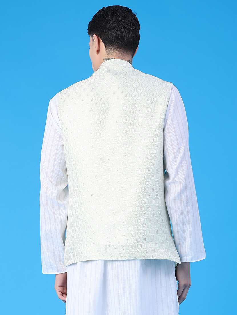 men solid with work mandarin neck regular fit nehru jacket - 22159624 -  Standard Image - 3