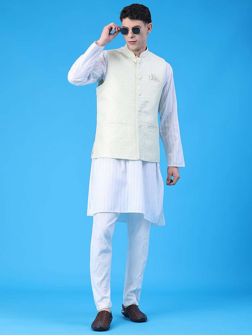 men solid with work mandarin neck regular fit nehru jacket - 22159624 -  Standard Image - 5