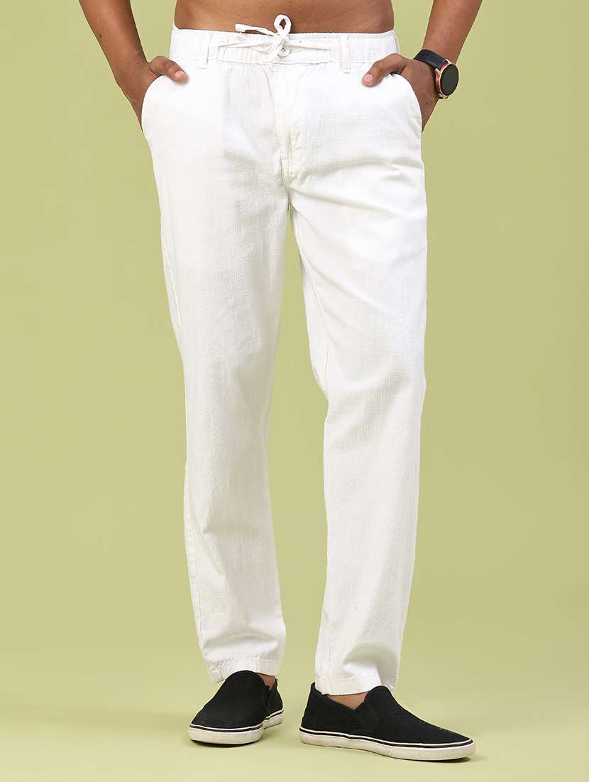 men solid mid rise regular fit casual trouser