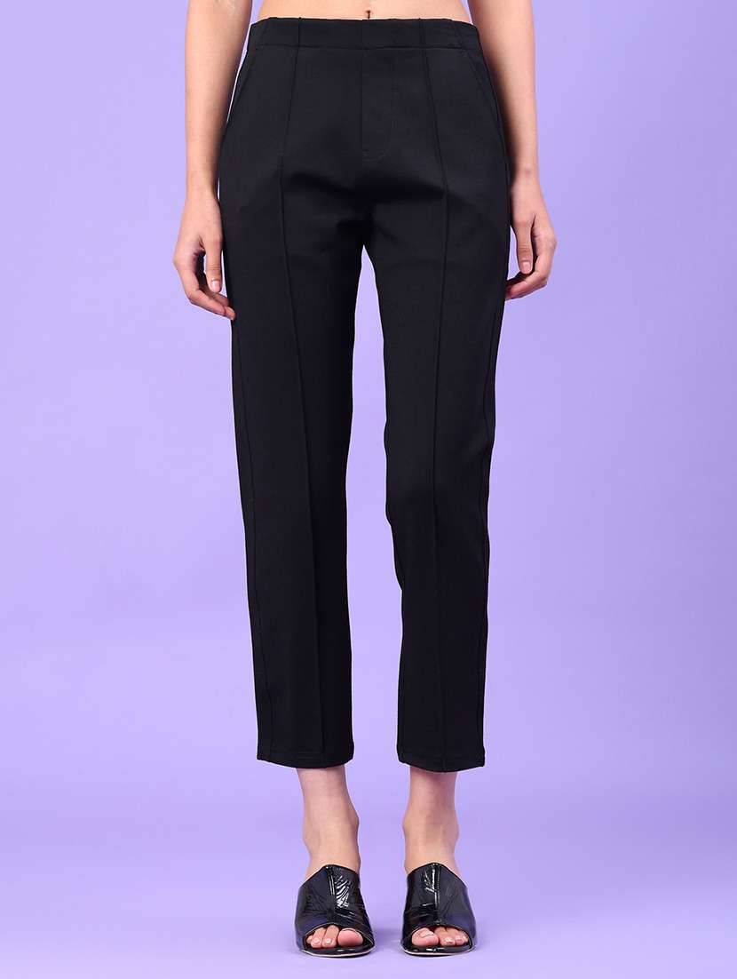 women solid mid rise straight trouser