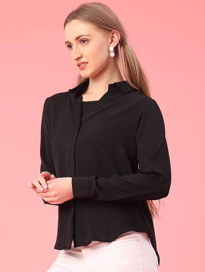 women solid long sleeve high-low shirt - 22159971 -  Standard Image - 3