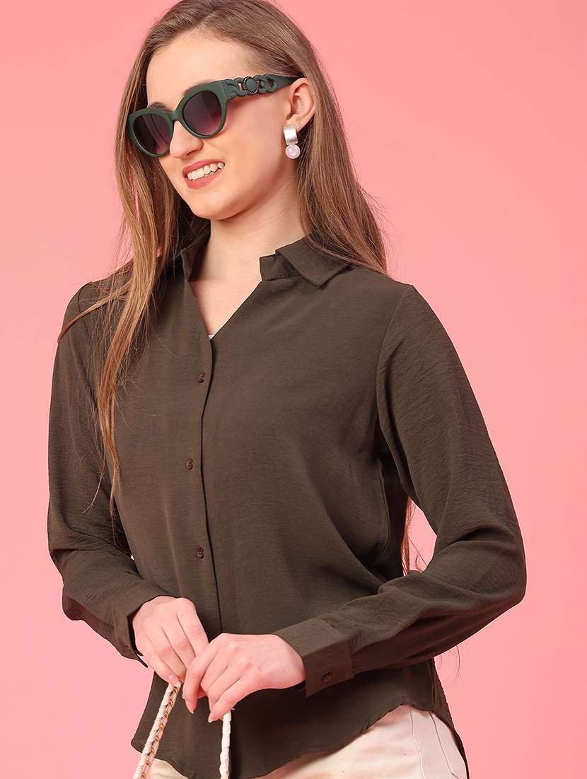 women solid long sleeve high-low shirt