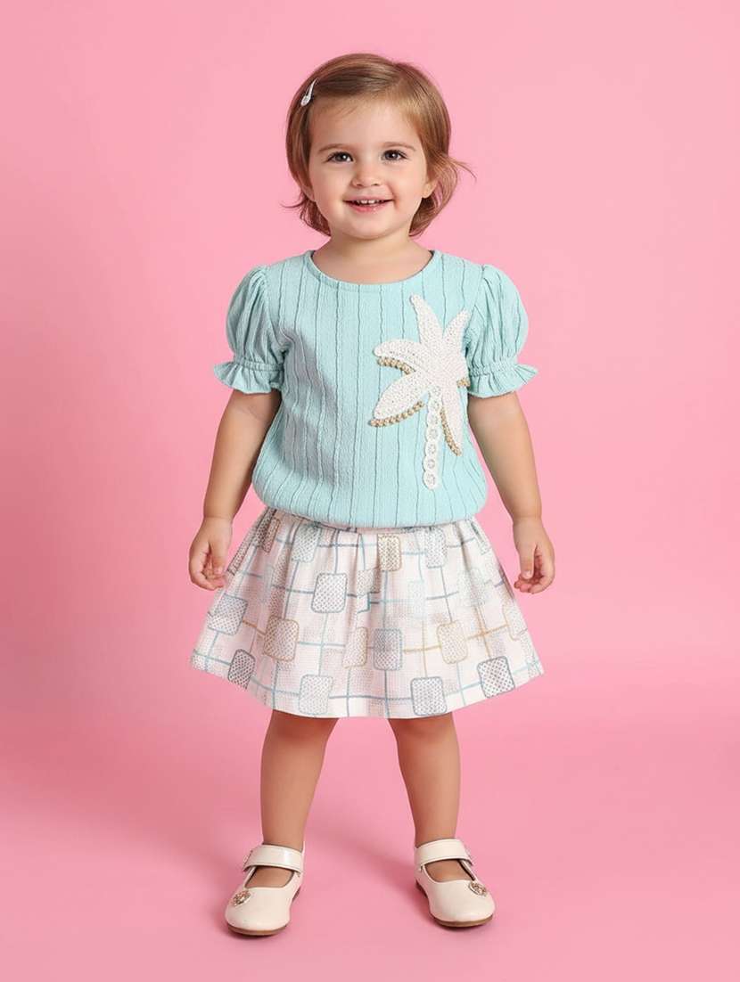 girls blue polyester skirt & top set