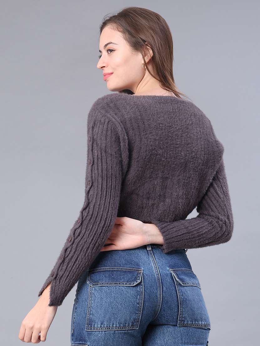 women solid long sleeve cropped pullover - 22160149 -  Standard Image - 3