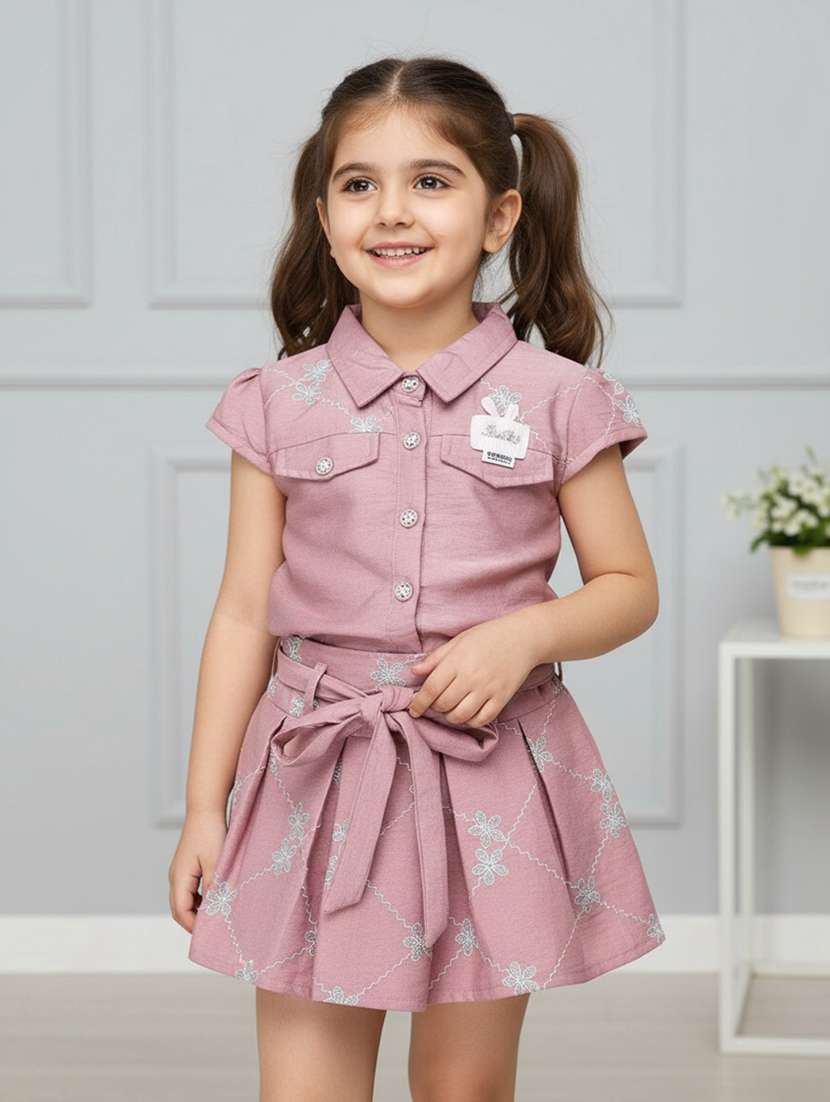 girls embroidered short sleeves top and skirt set