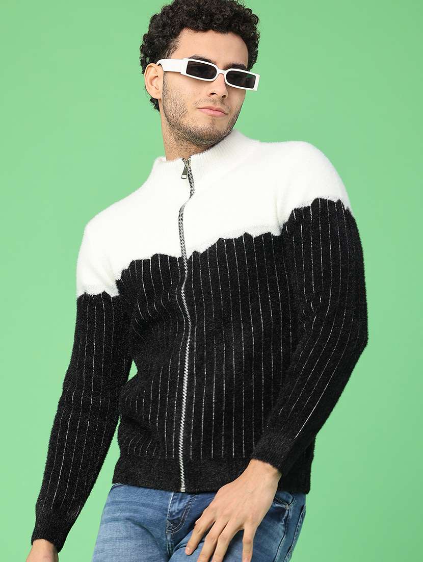 men color blocked long sleeve zipper cardigan