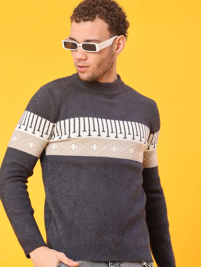 men self design long sleeve regular fit pullover 