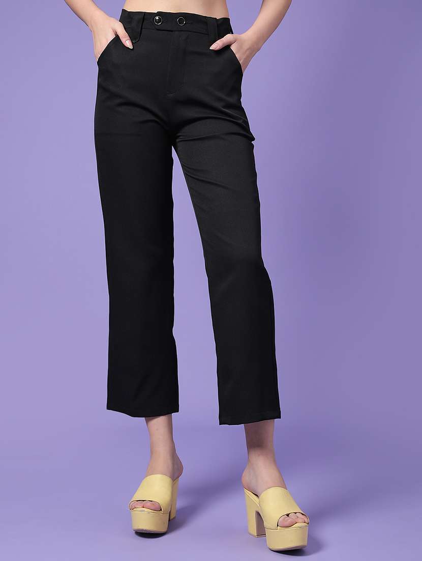 women solid mid rise straight trouser