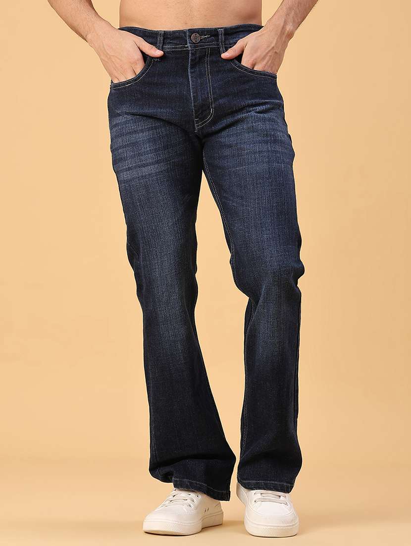 men washed mid rise full length bootcut jeans