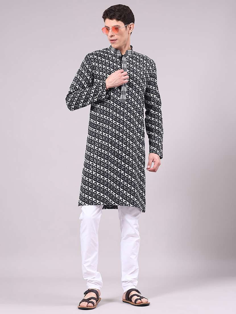 men solid with work mandarin neck kurta churidar ethnic wear set