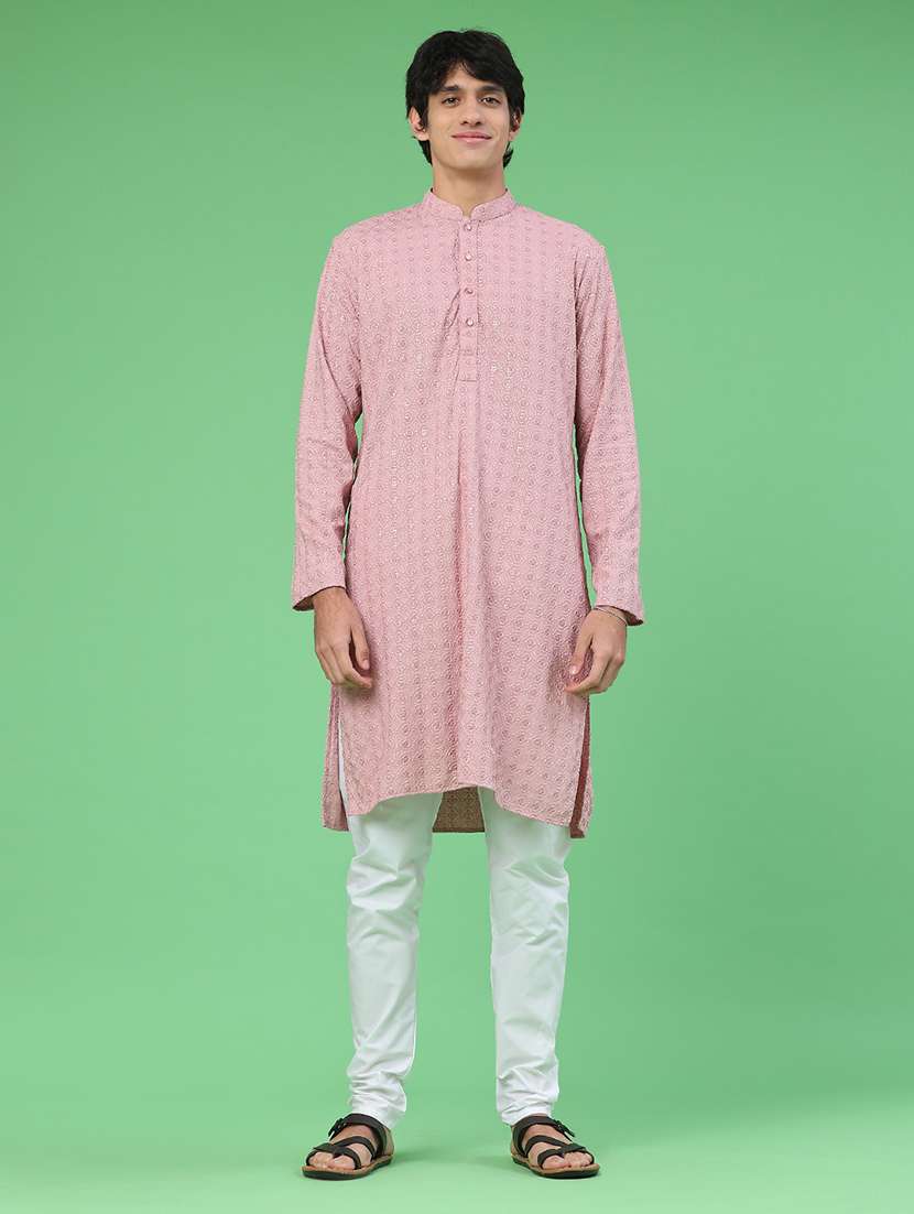 men solid with work mandarin neck kurta churidar ethnic wear set