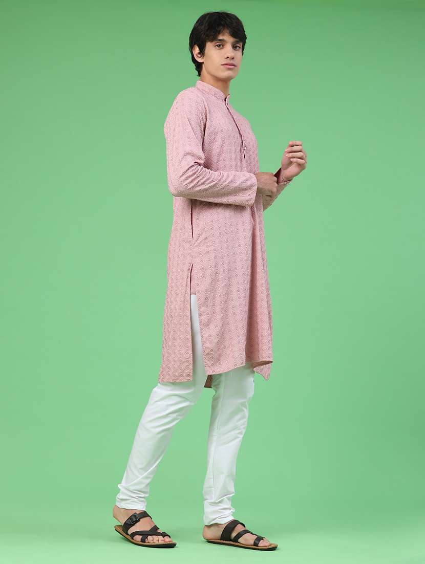 men solid with work mandarin neck kurta churidar ethnic wear set - 22160374 -  Standard Image - 3