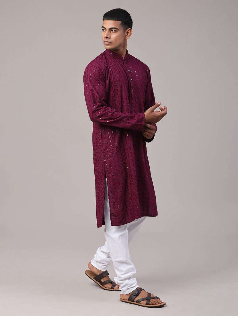 Men Solid With Work Mandarin Neck Kurta Churidar Ethnic Wear Set - 22160410 -  Standard Image - 3