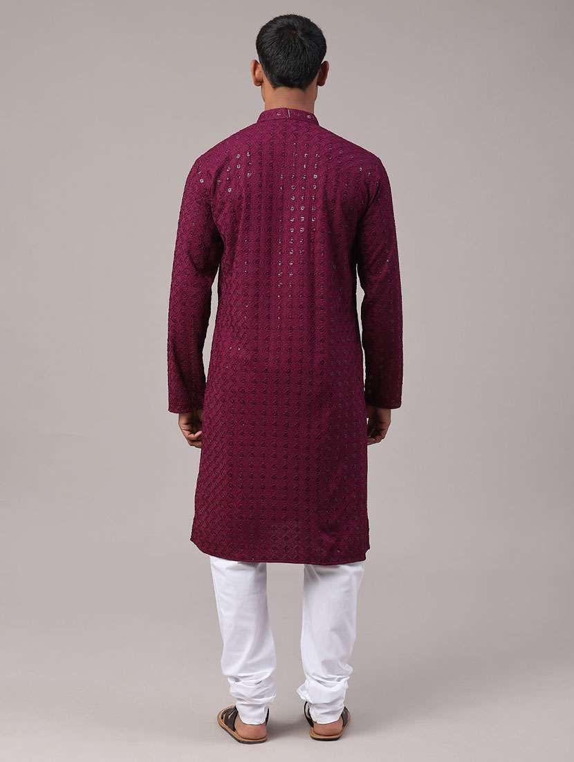Men Solid With Work Mandarin Neck Kurta Churidar Ethnic Wear Set - 22160410 -  Standard Image - 5