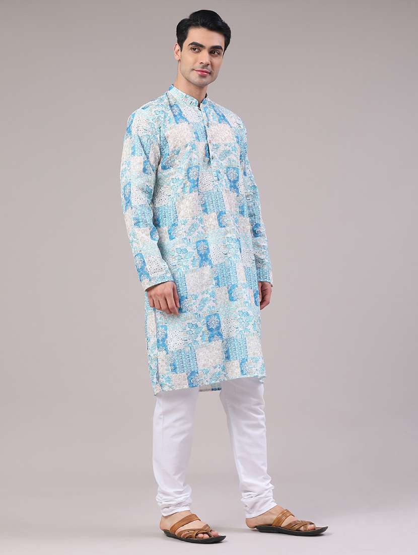 men printed mandarin neck kurta churidar ethnic wear set - 22160505 -  Standard Image - 3