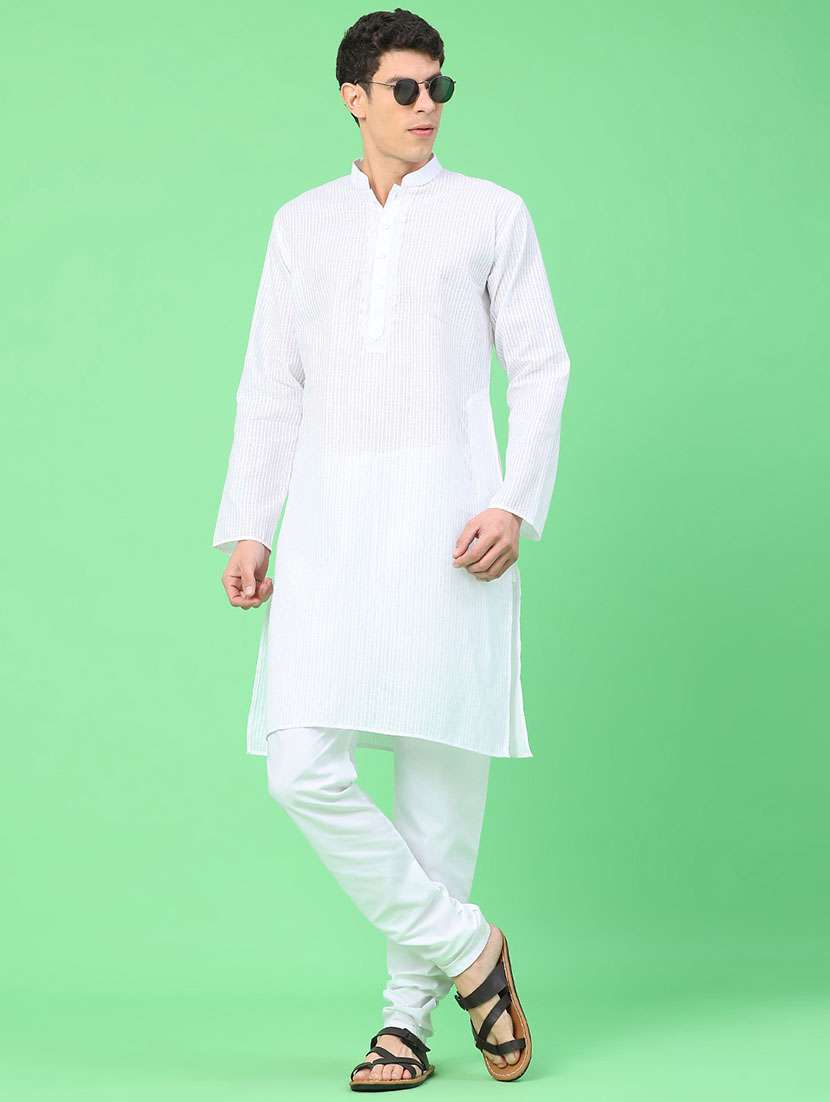 men self design mandarin neck kurta churidar ethnic wear set