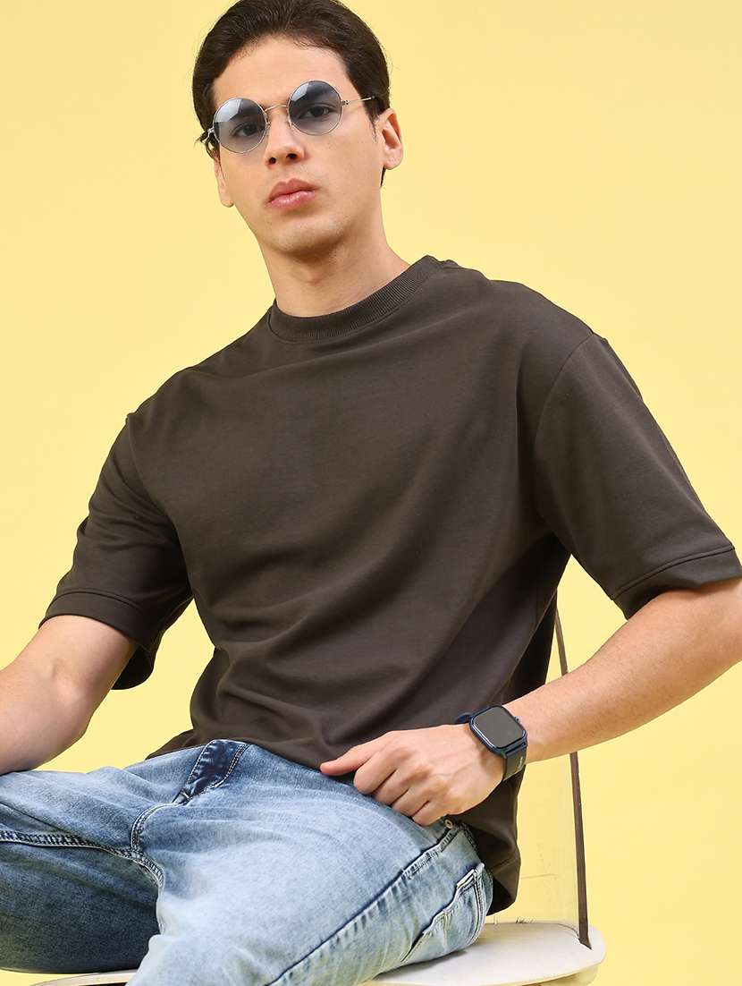 men grey cotton blend plain t-shirt