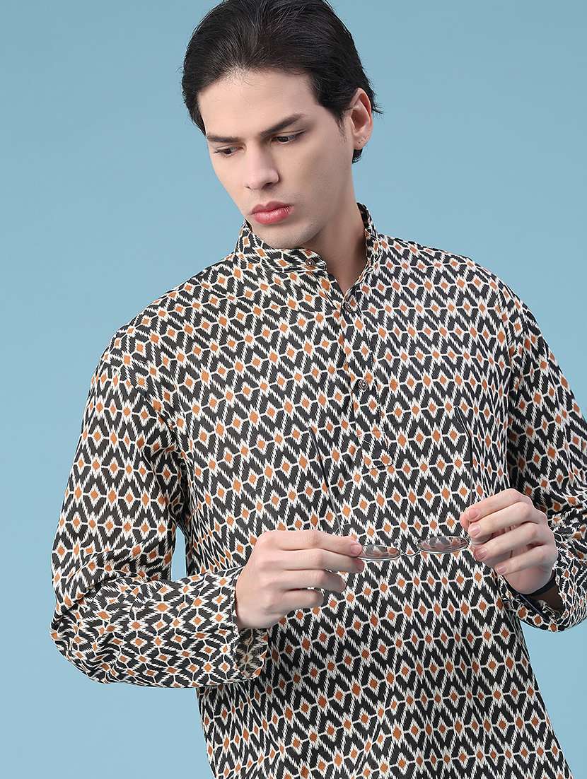 men printed mandarin neck short kurta