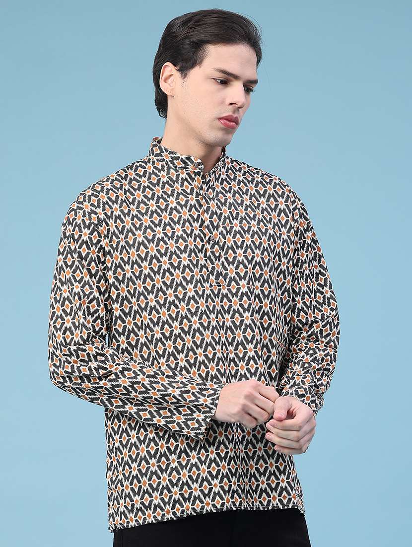 men printed mandarin neck short kurta - 22160583 -  Standard Image - 3