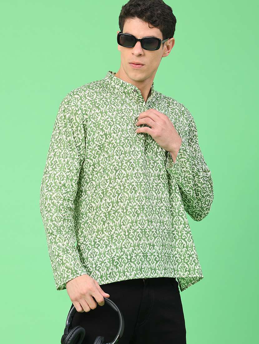 men printed mandarin neck short kurta