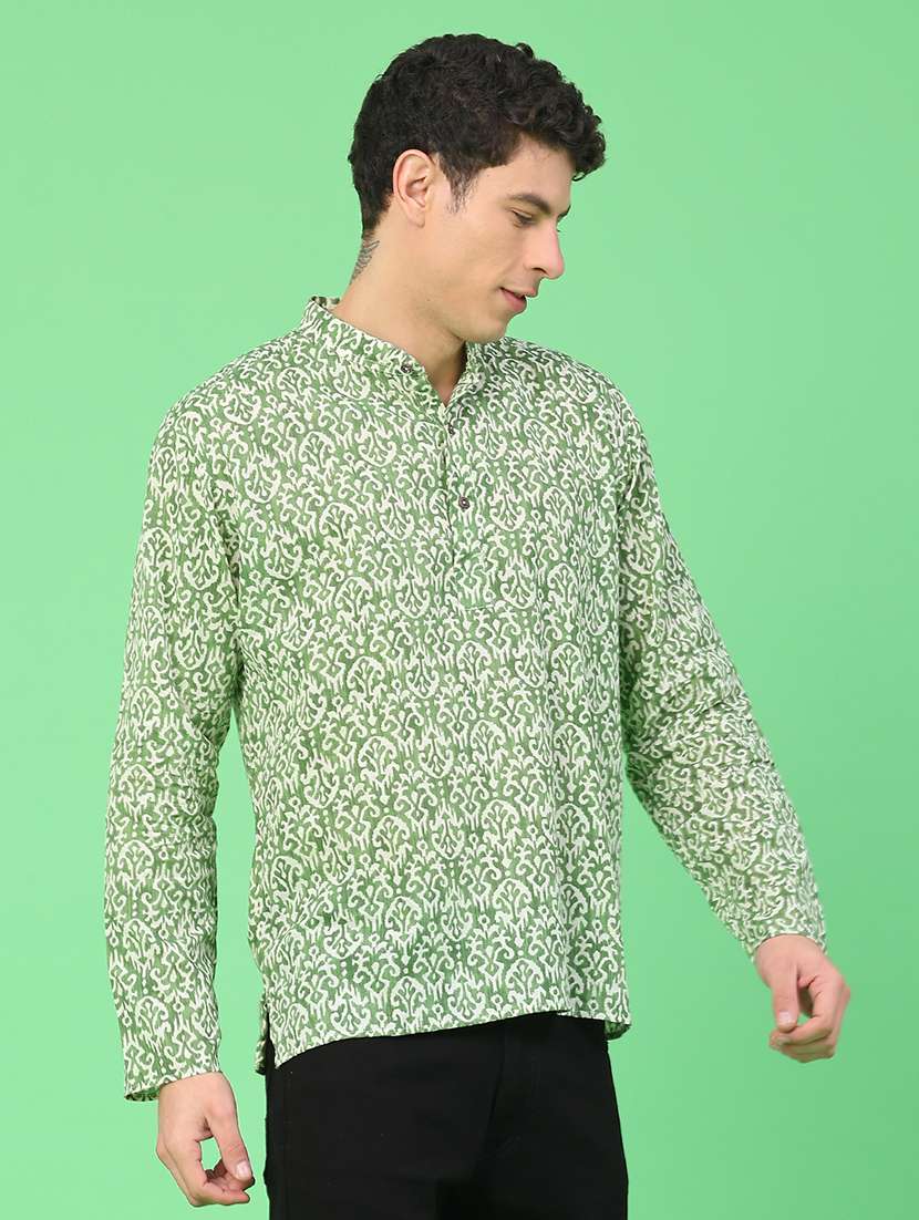 men printed mandarin neck short kurta - 22160584 -  Standard Image - 3