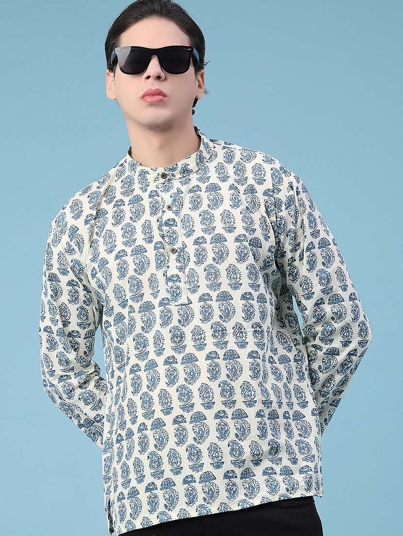 men printed mandarin neck short kurta