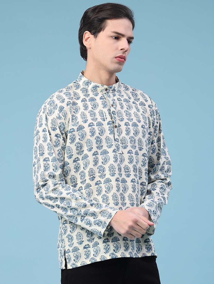 men printed mandarin neck short kurta - 22160585 -  Standard Image - 3