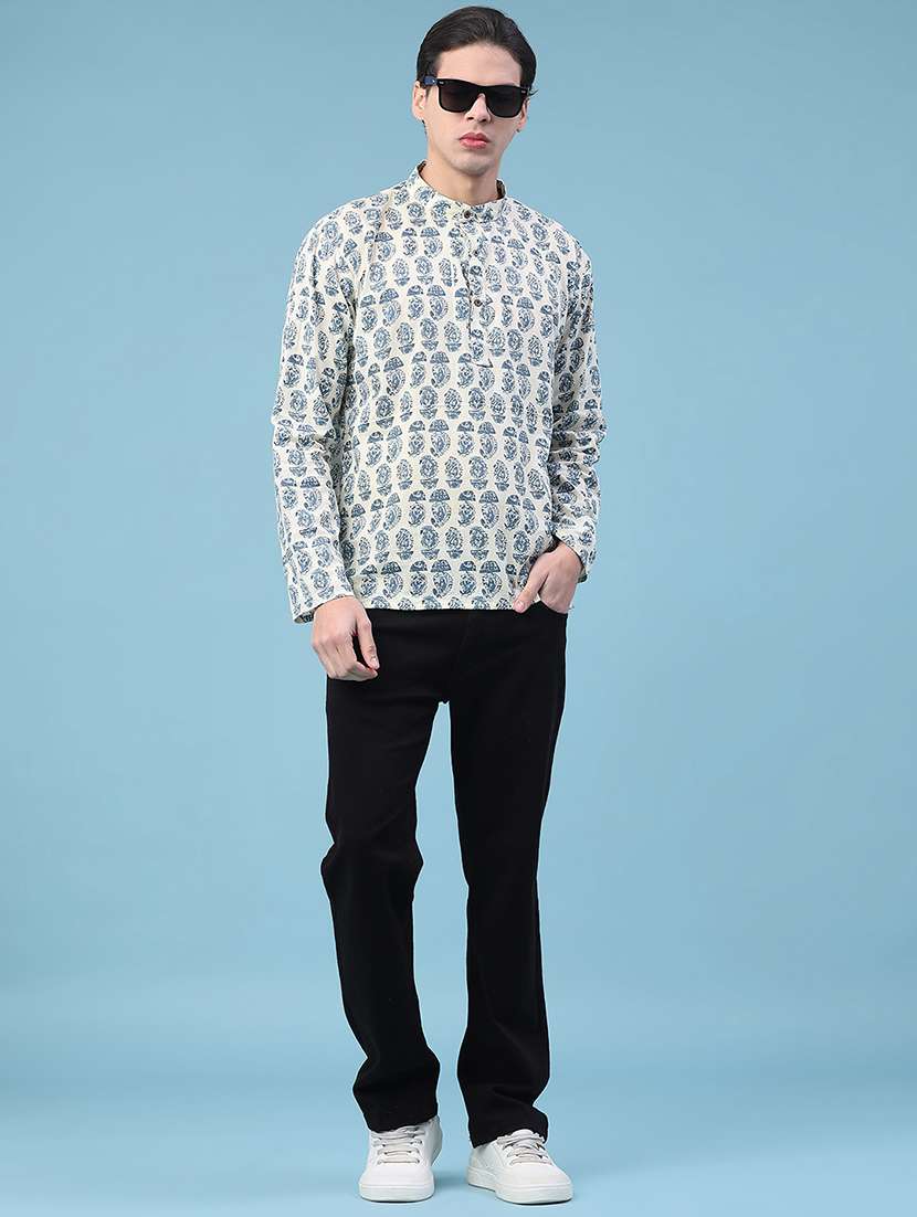 men printed mandarin neck short kurta - 22160585 -  Standard Image - 5
