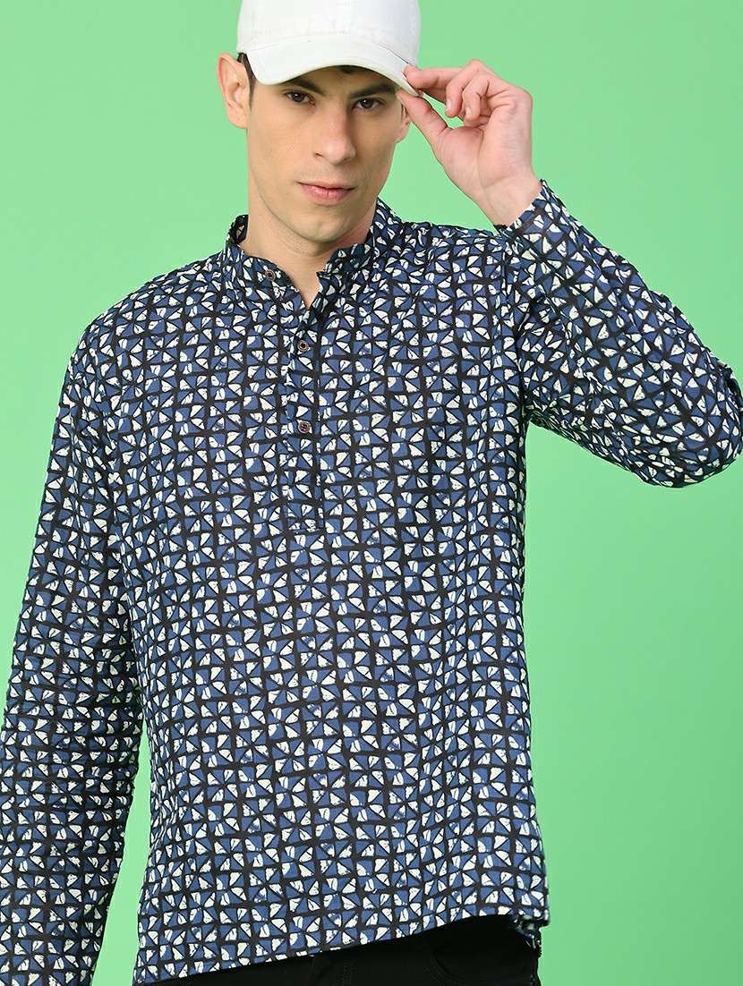 men printed mandarin neck short kurta