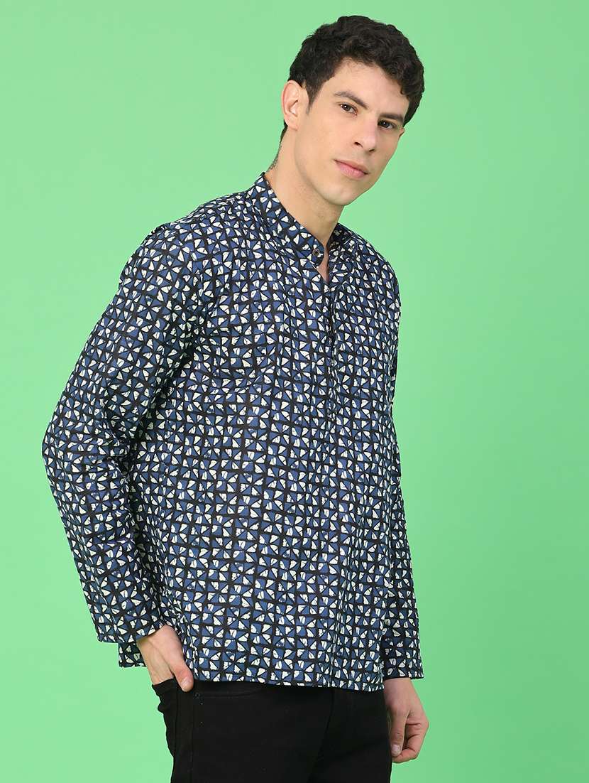 men printed mandarin neck short kurta - 22160586 -  Standard Image - 3