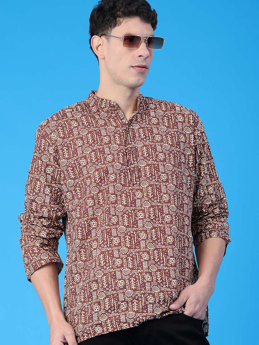 men printed mandarin neck short kurta