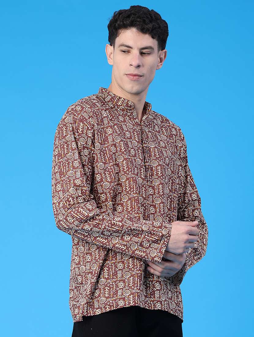 men printed mandarin neck short kurta - 22160587 -  Standard Image - 3