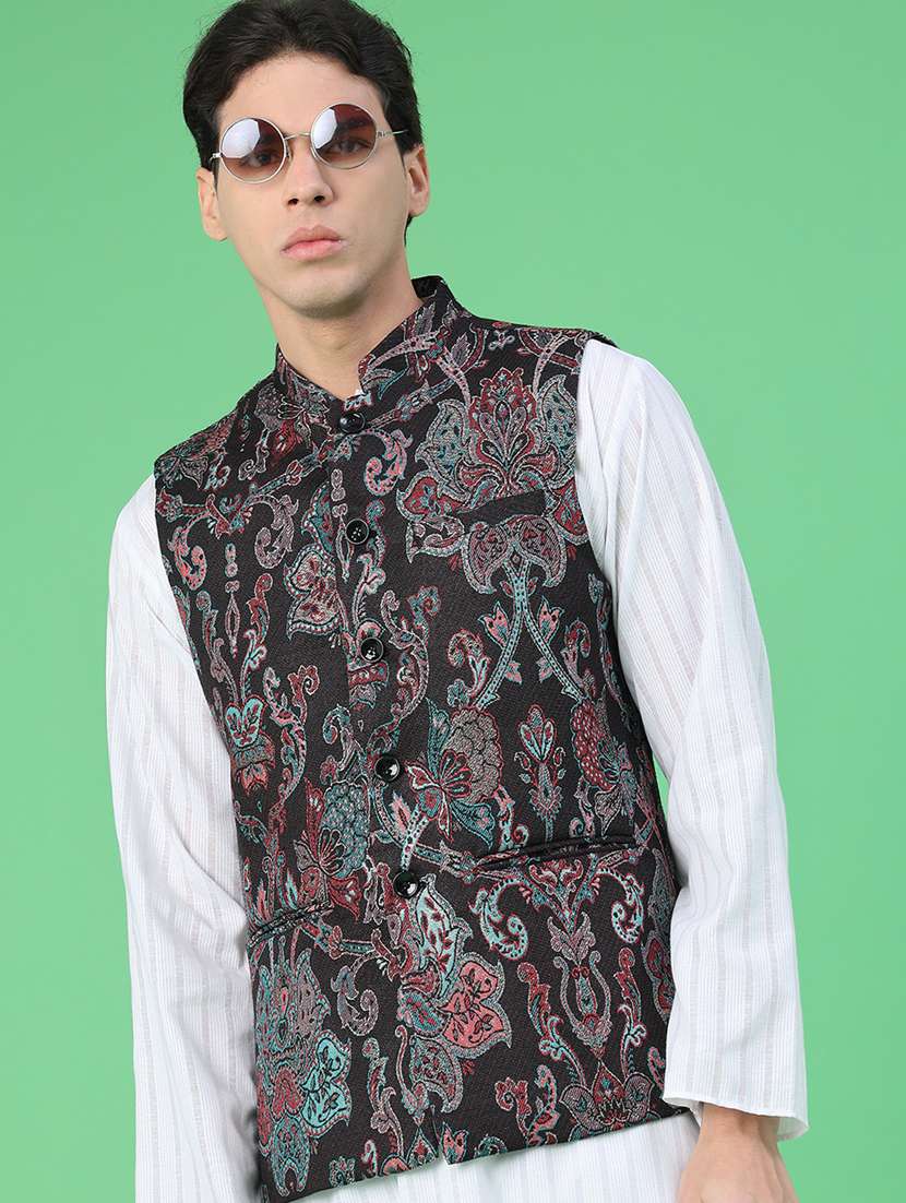 men self design mandarin neck regular fit nehru jacket