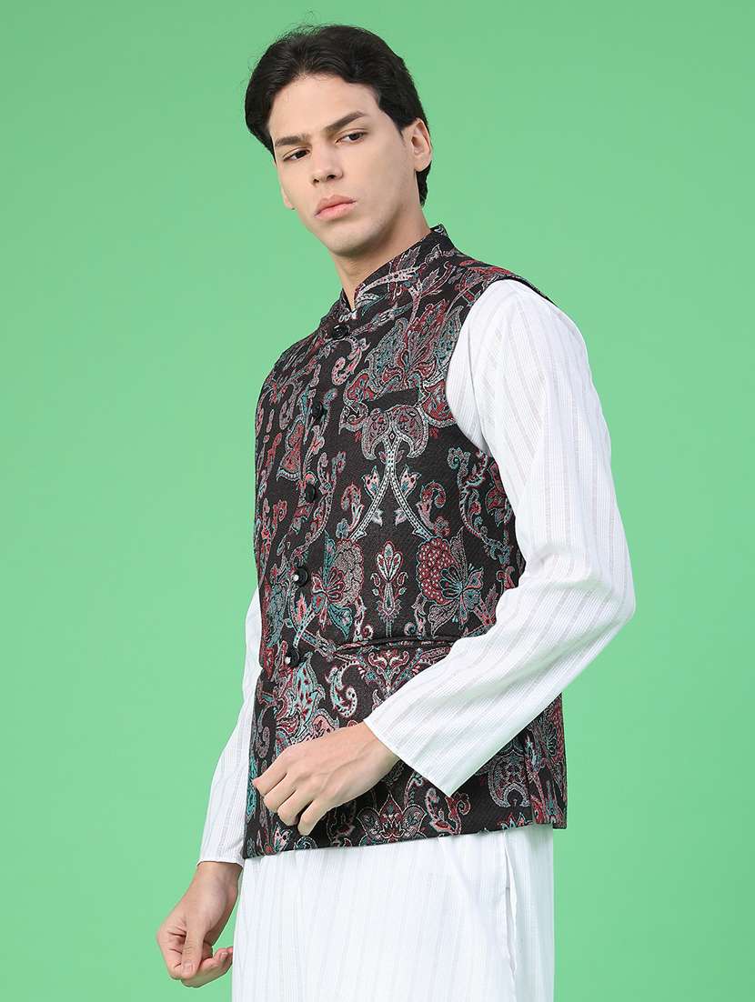 men self design mandarin neck regular fit nehru jacket - 22160771 -  Standard Image - 3