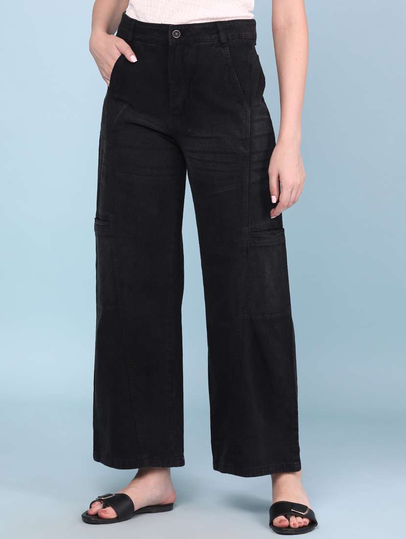 girls solid high rise wide leg jeans