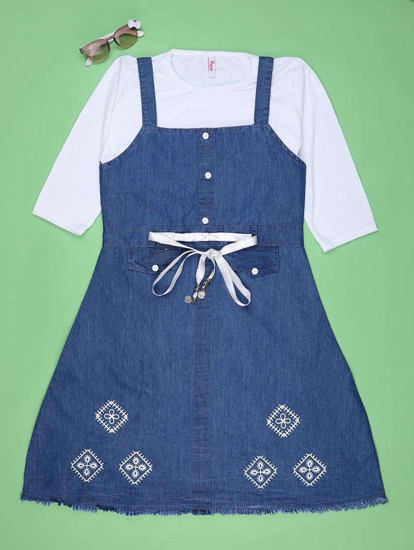 girls solid three quarter sleeve dungaree dress