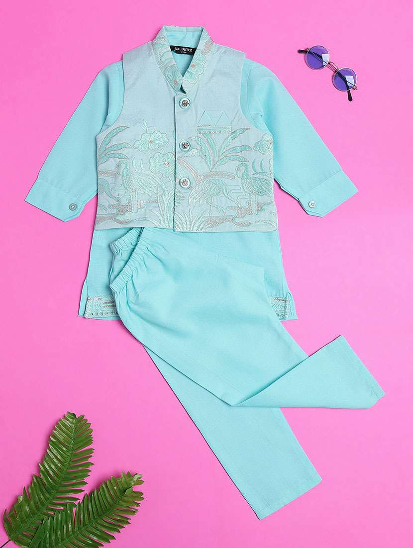 boys embroidered kurta and pyjama set with jacket