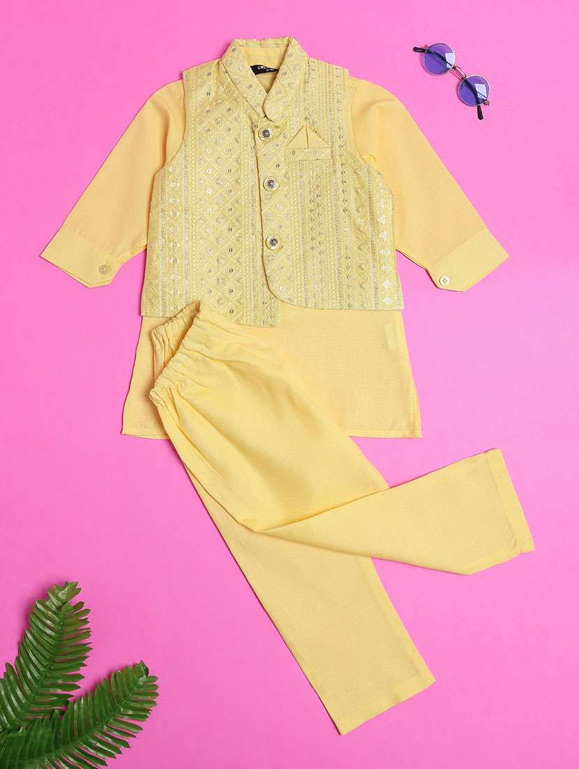 boys embroidered kurta and pyjama set with jacket