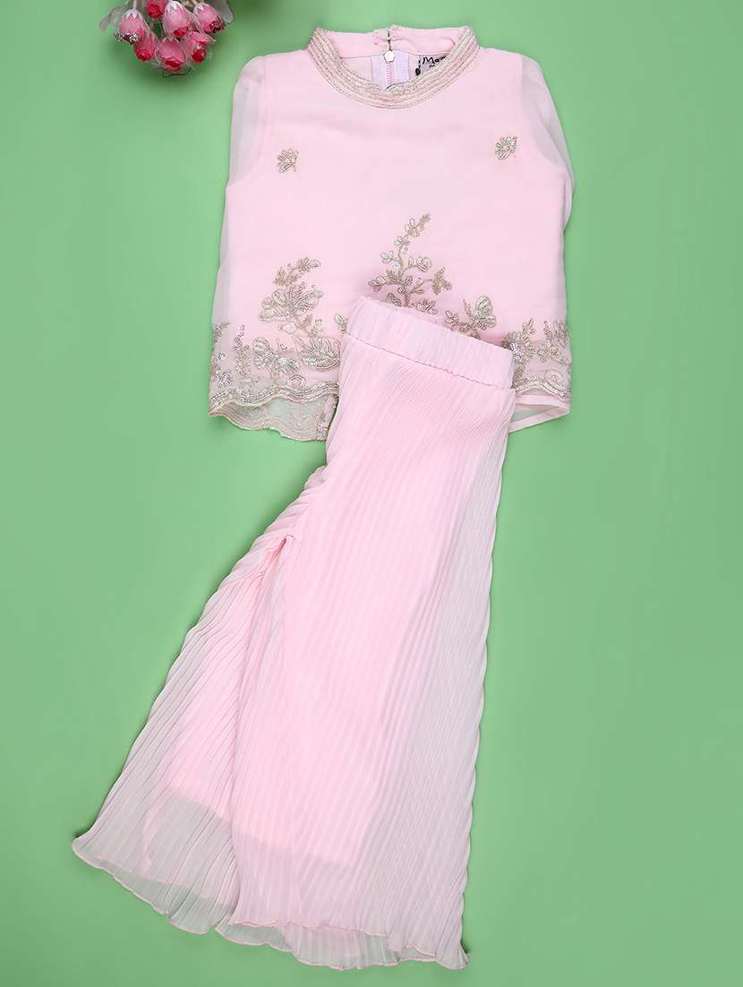 girls solid with work round neck top pant set