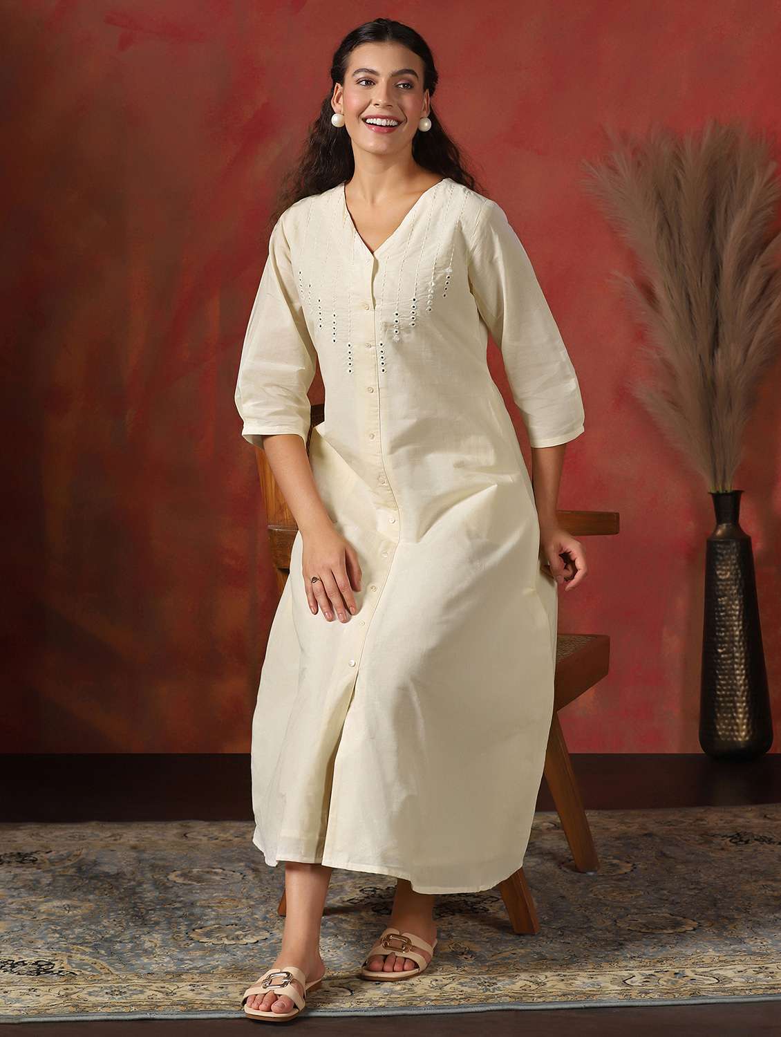 women embroidered three quarter sleeve a-line ethnic dress