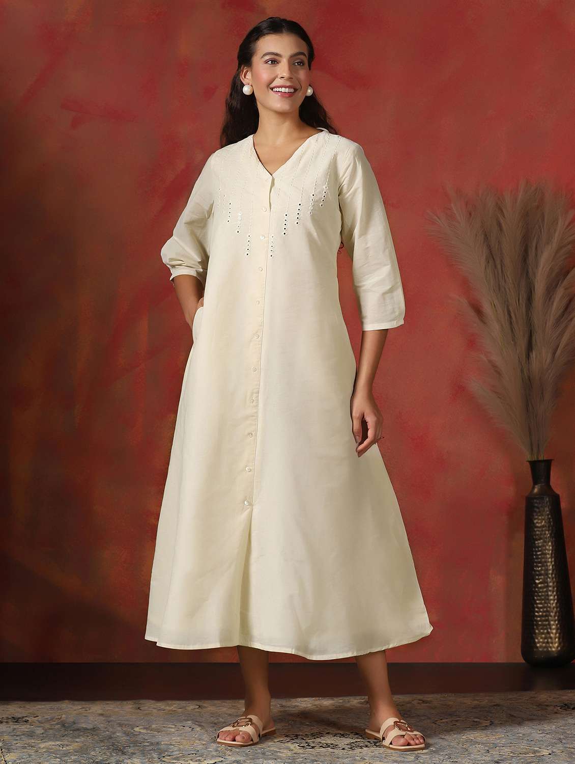 women embroidered three quarter sleeve a-line ethnic dress - 22161020 -  Standard Image - 5