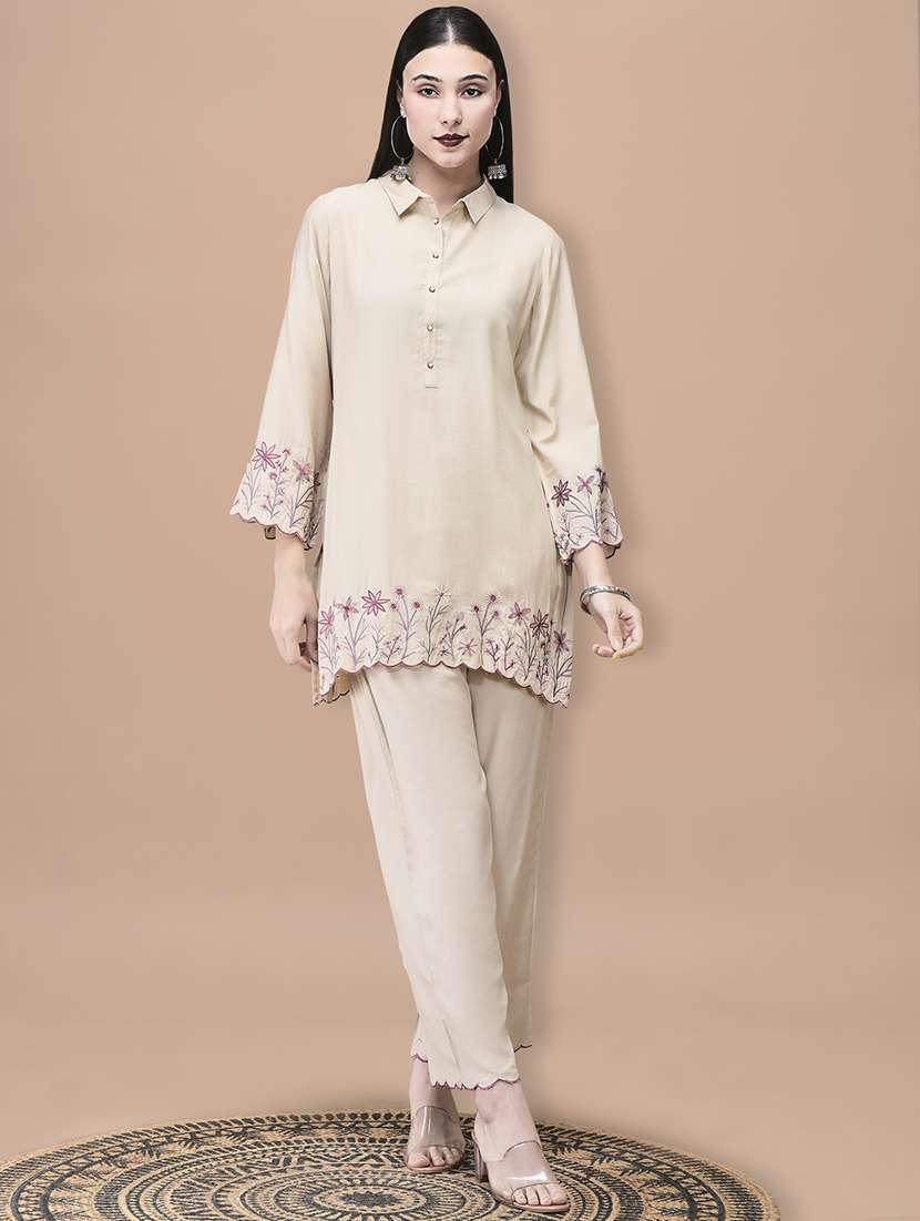 women embroidered long sleeve regular fit ethnic co-ord set