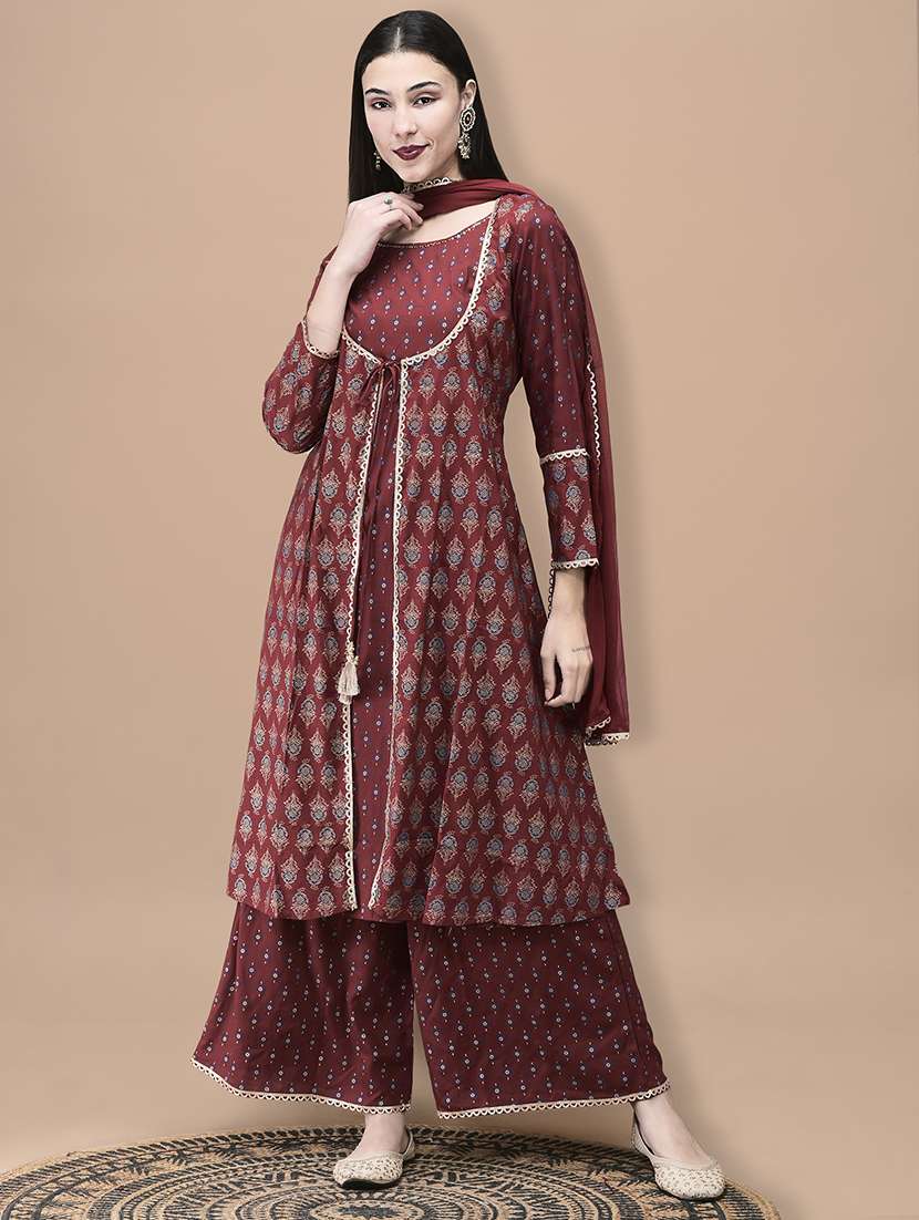 women printed long sleeve kurta palazzo with dupatta set