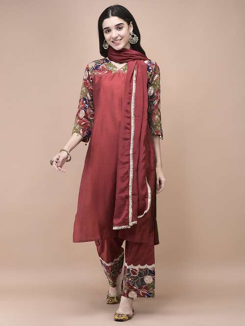 women embroidered three quarter sleeve kurta pant with dupatta set - 22161041 -  Standard Image - 0