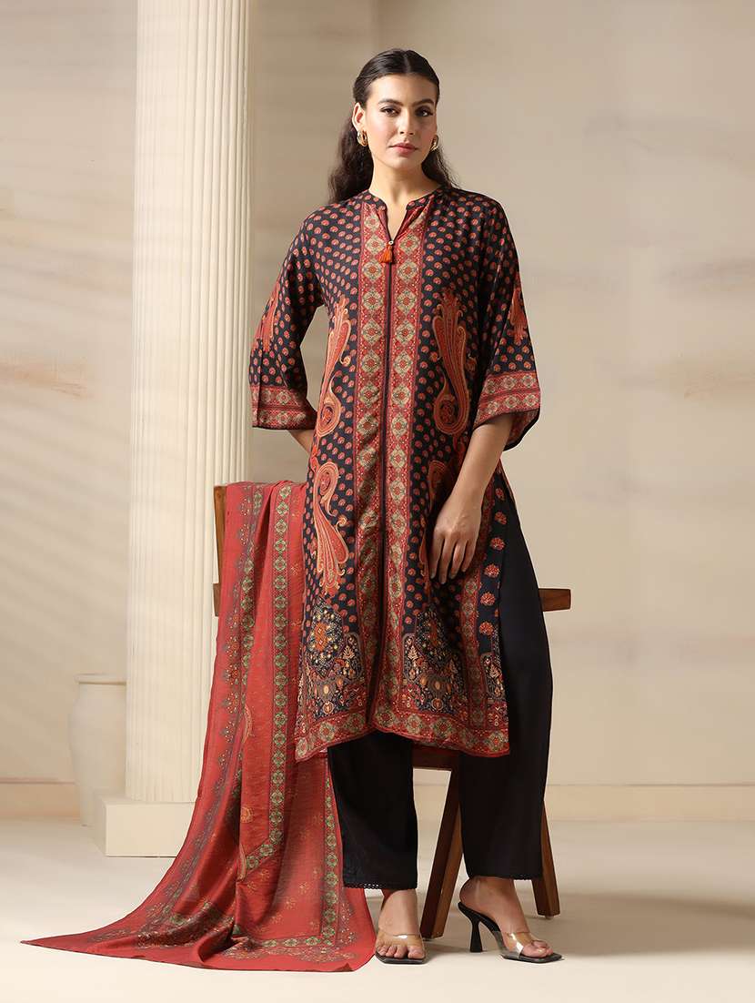 women paisley three quarter sleeve kurta pant with dupatta set - 22161044 -  Standard Image - 5