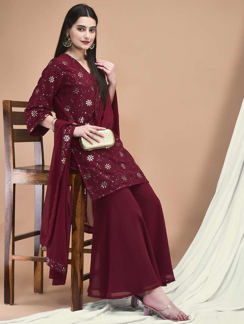 women embroidered three quarter sleeve kurta sharara with dupatta set - 22161046 -  Standard Image - 5