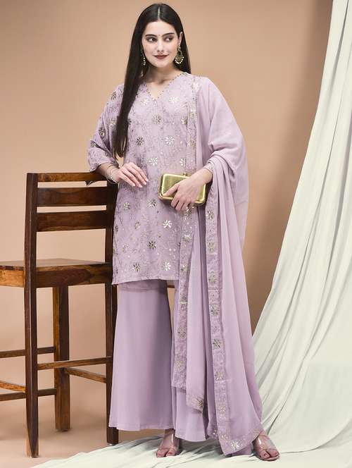 women embroidered three quarter sleeve kurta sharara with dupatta set - 22161047 -  Standard Image - 0