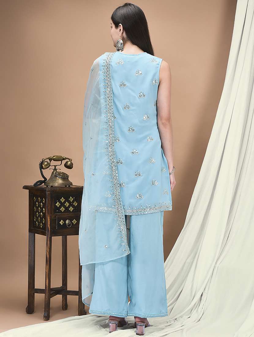 women embroidered sleeveless kurta palazzo with dupatta set - 22161048 -  Standard Image - 3
