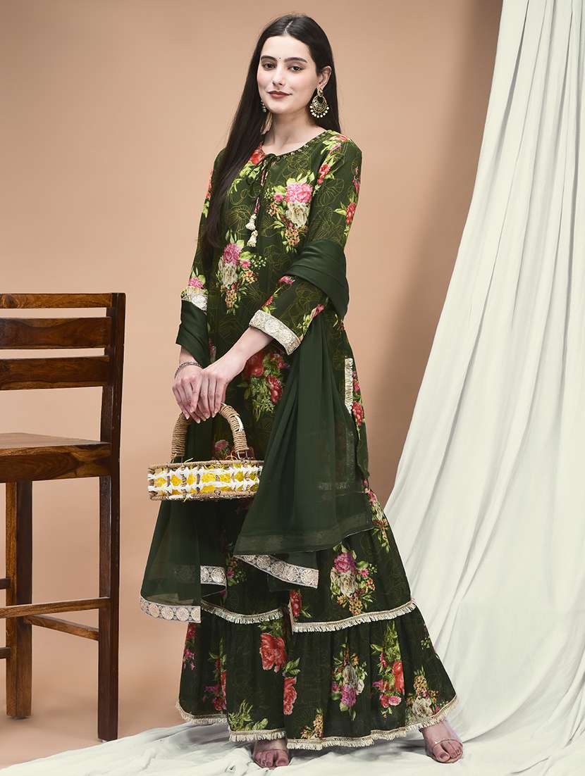 women floral three quarter sleeve kurta sharara with dupatta set - 22161049 -  Standard Image - 5