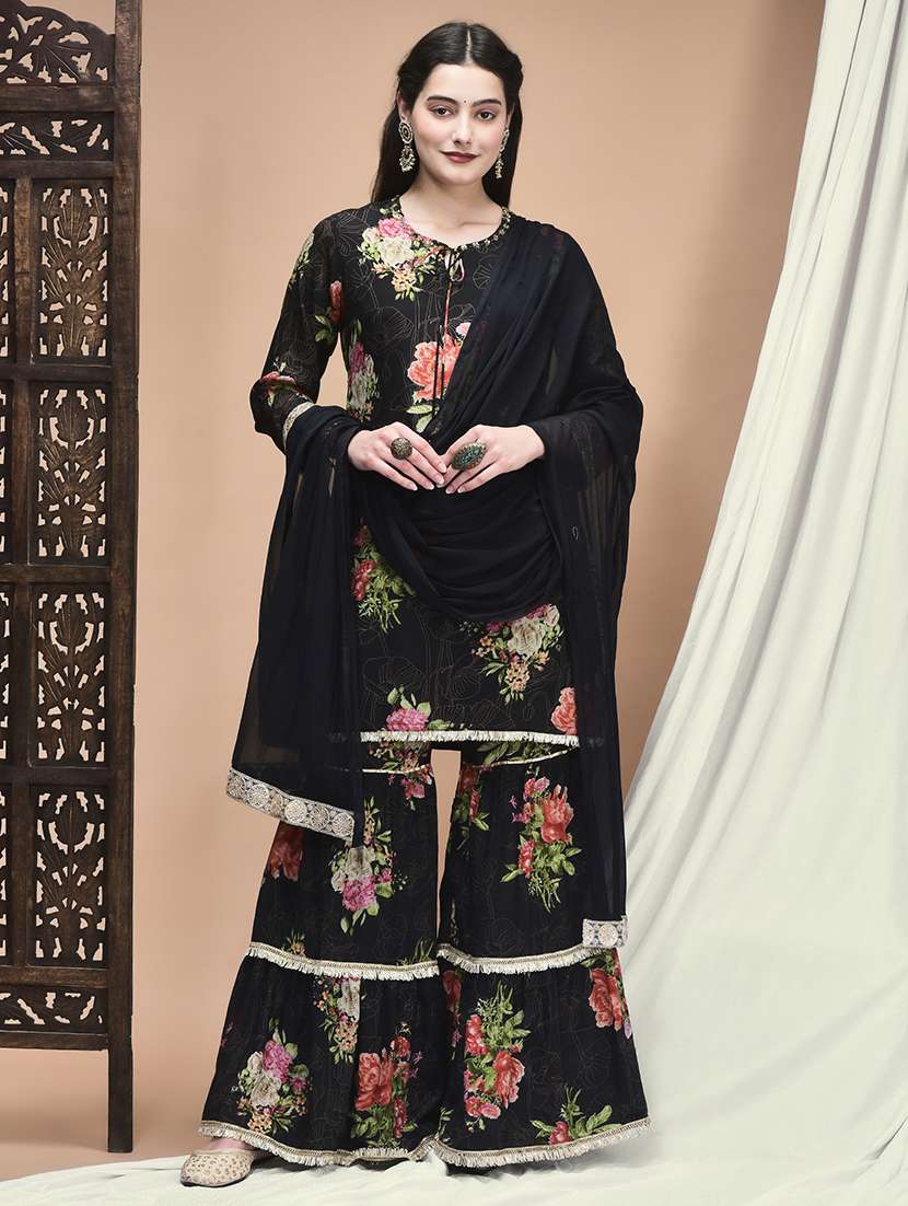 women floral three quarter sleeve kurta sharara with dupatta set
